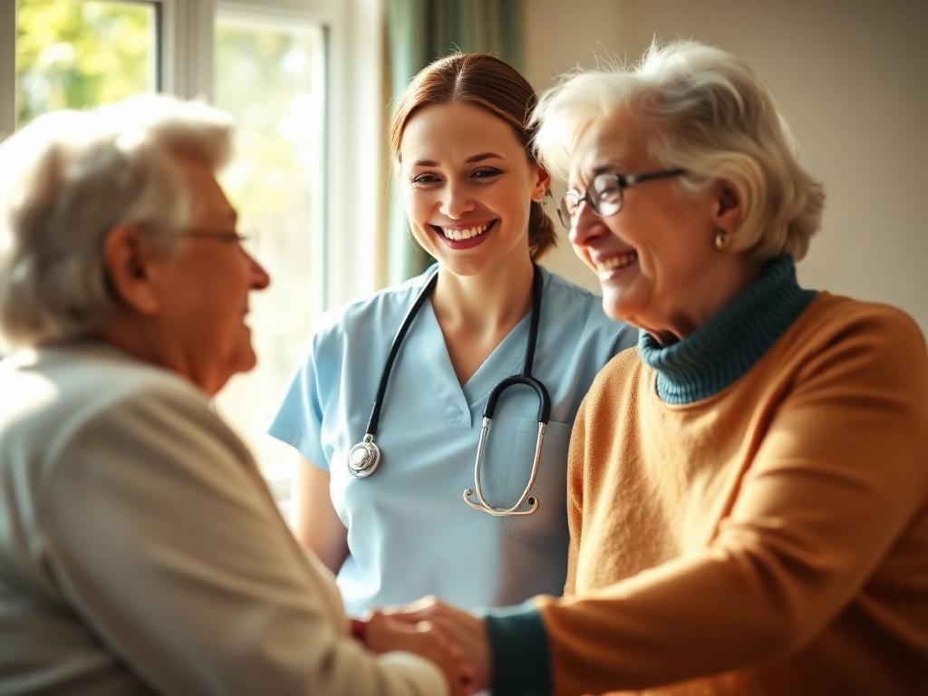A care home nurse holding hands with an elderly resident